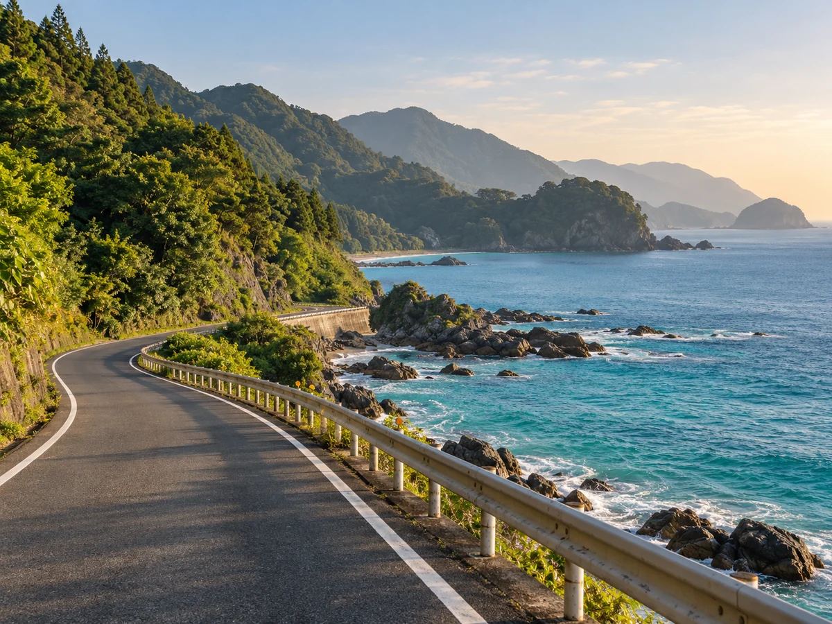 青い海に沿って続く日本の静かな海岸道路のオリジナル画像