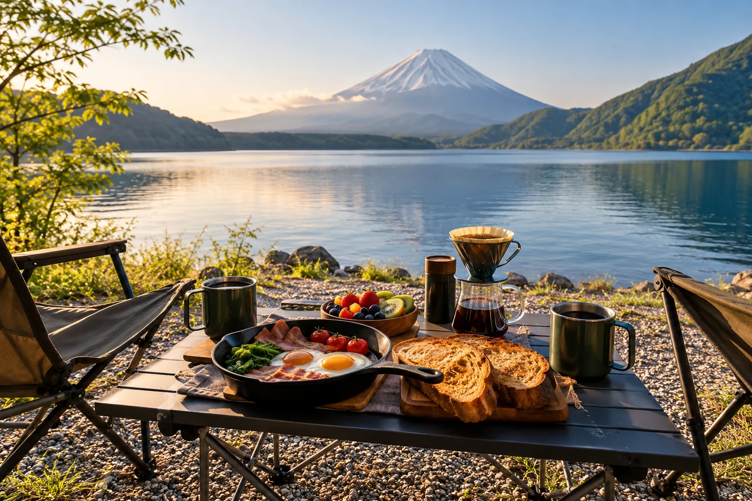Original AI illustration · no people · Coffee with the lake