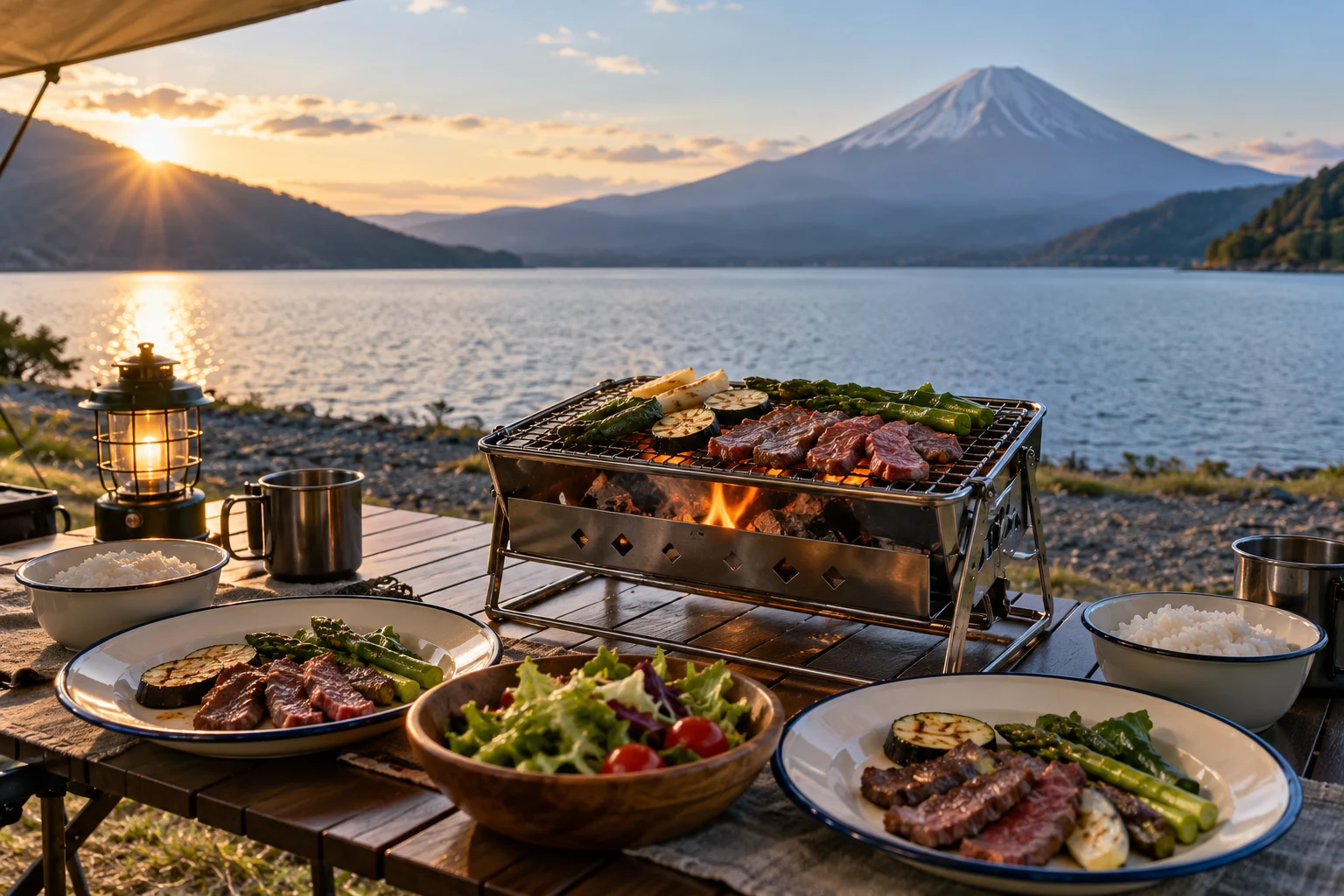 Original AI illustration · no people · Camp supper · beef and vegetables