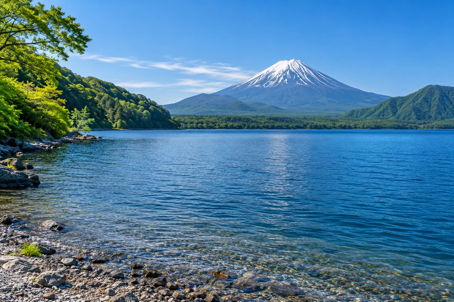 Original AI illustration · no people · Five lakes. One mountain. A road all the way around.