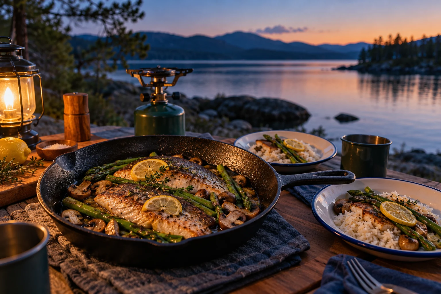 Original AI illustration · no people · Camp supper · trout in the skillet
