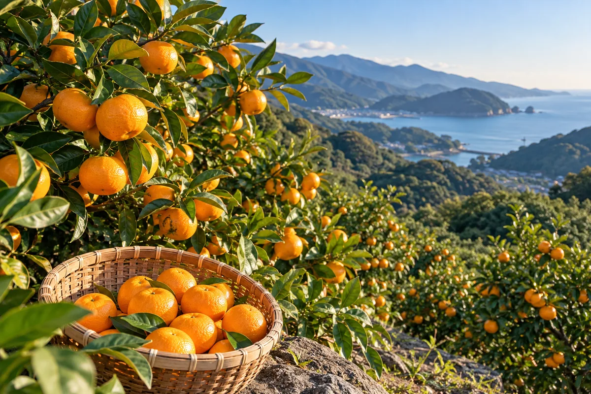 Ilustración original con IA · Mandarinas en un huerto soleado de Izu
