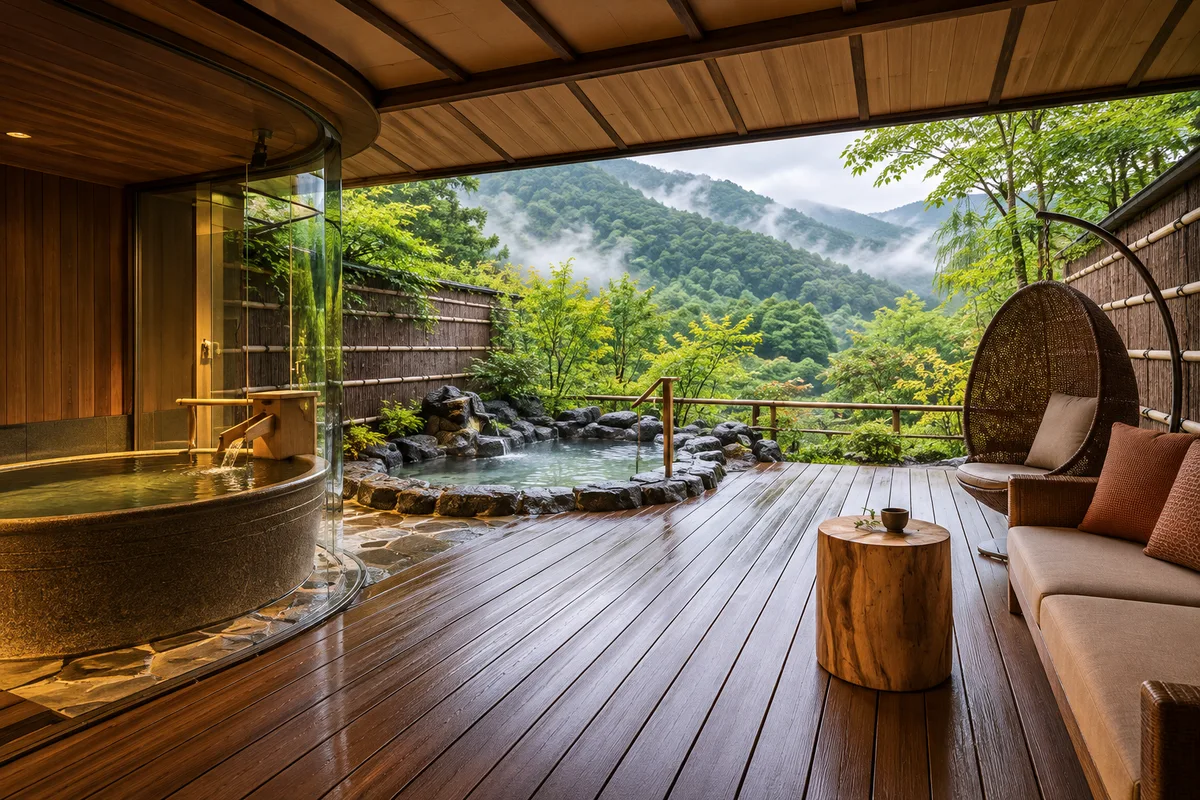 Ilustración original con IA · Terraza de ryokan de montaña y baño exterior