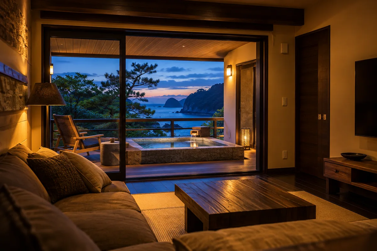 Ilustración original con IA · Suite contemporánea de ryokan junto al mar