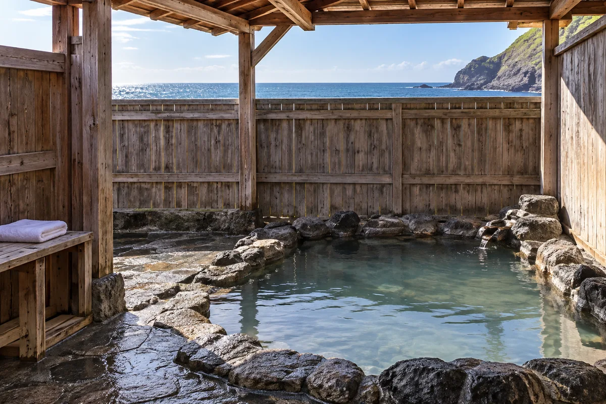 Ilustración original con IA · Pequeño baño público de piedra junto al mar