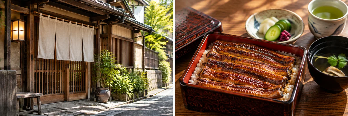 Unagi Sakuraya · Mishima — Ilustración con IA · ambiente y comida representativa.
