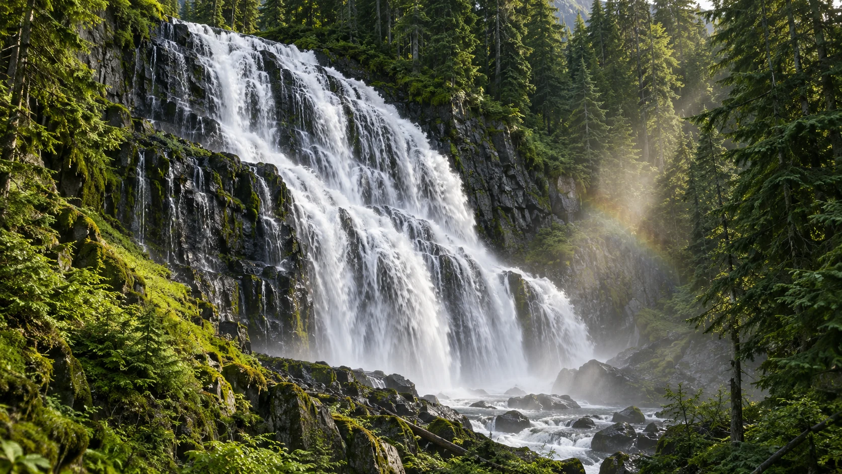 Illustrated interpretation of Narada Falls and its forested basalt cliffs