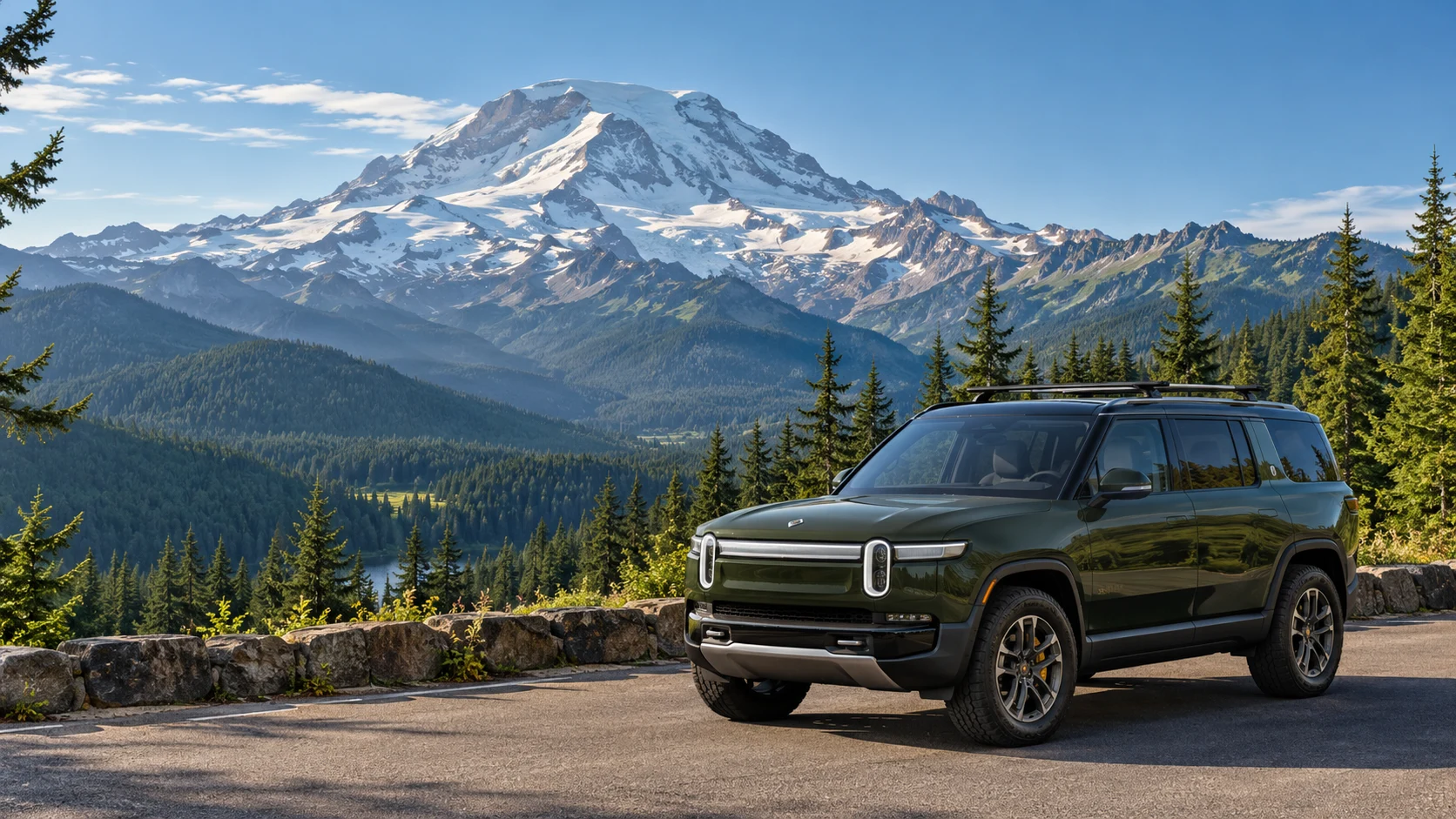 Ilustración de IA de un Rivian R1S en un mirador asfaltado bajo Mount Rainier