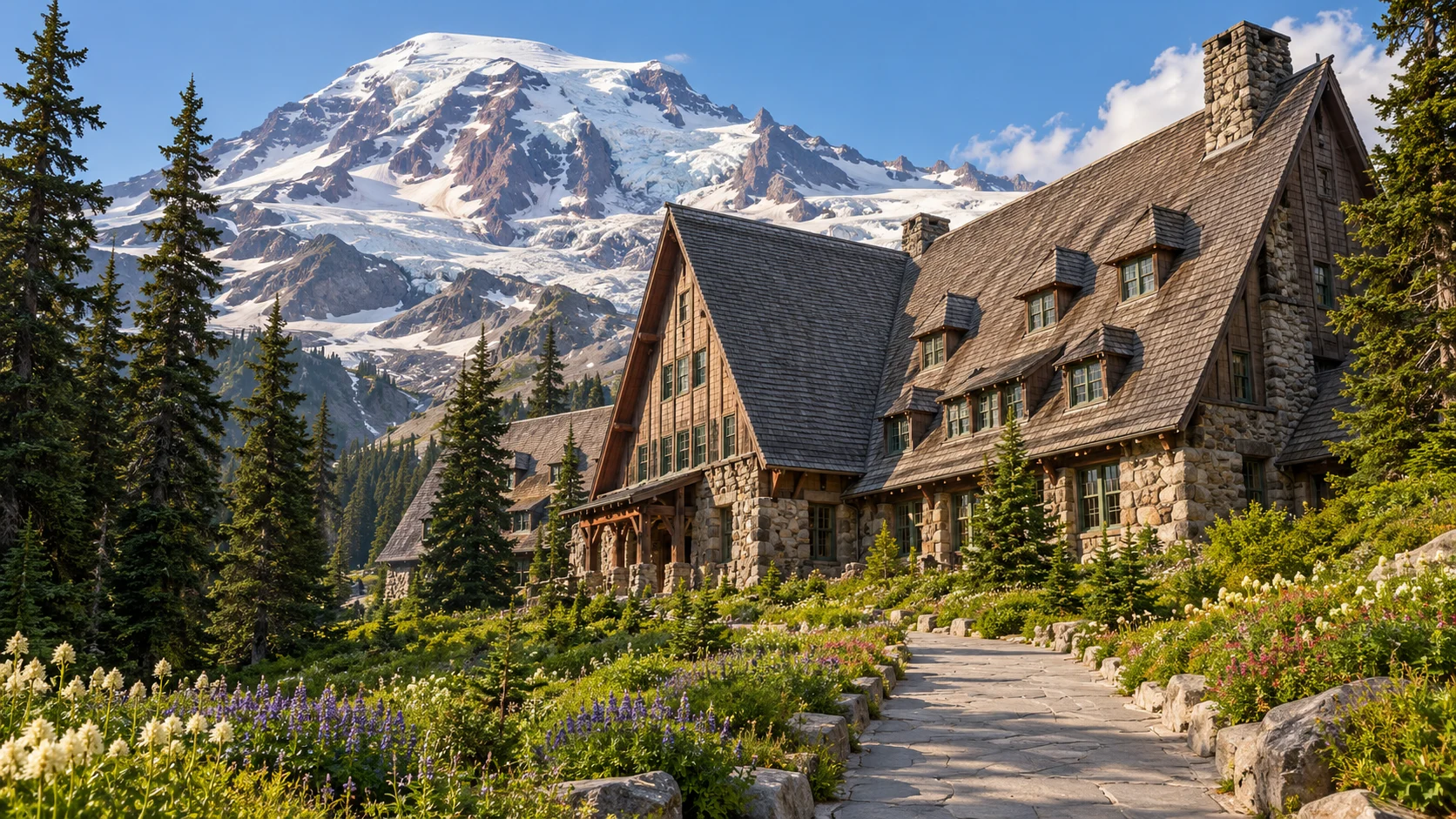 Illustrated interpretation of a rustic Paradise mountain lodge in summer