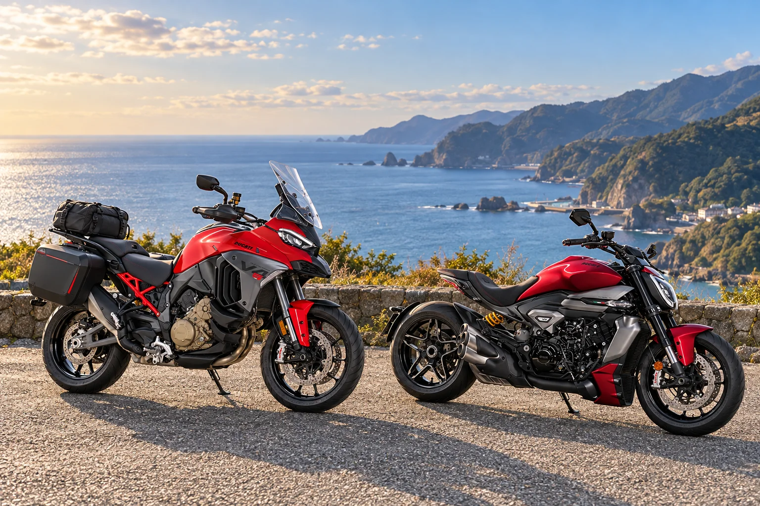 Ilustración de IA de dos Ducati en la costa de Izu