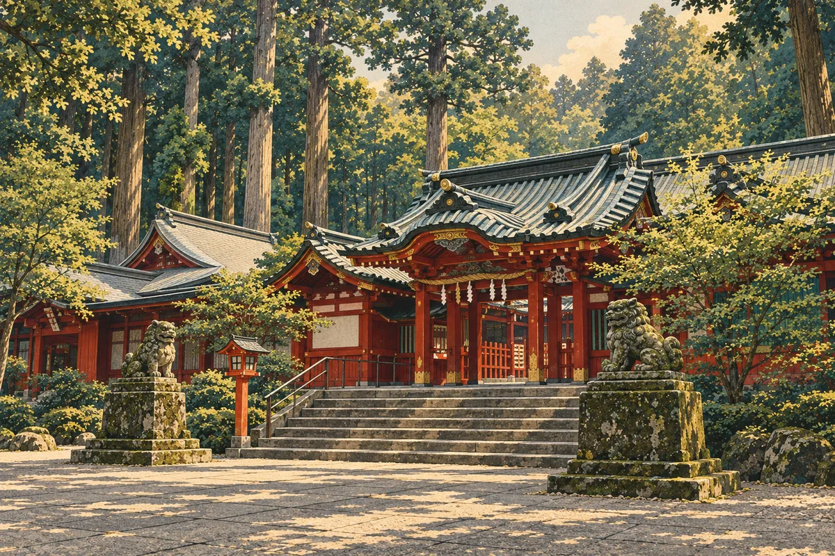 Ilustración original con IA · Arte de TempleQuest del santuario Hakone